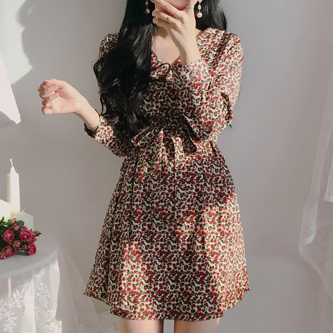 Mini a Line Floral Dress Chiffon Vintage Korean Long Sleeve Vestido Curto Cute Harajuku v Neck Woman 2022 Spring Summer Sukienka ► Photo 1/6