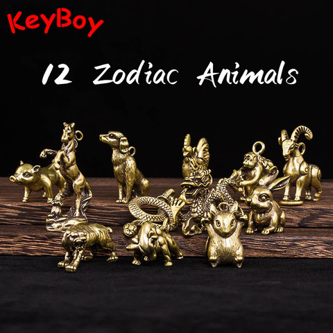 Brass Key Chain Pendant 12 Zodiac Animas Mice Bull Tiger Rabbit Dragon Snake Horse Sheep Monkey Chicken Dog Pig Figures Keychain ► Photo 1/6