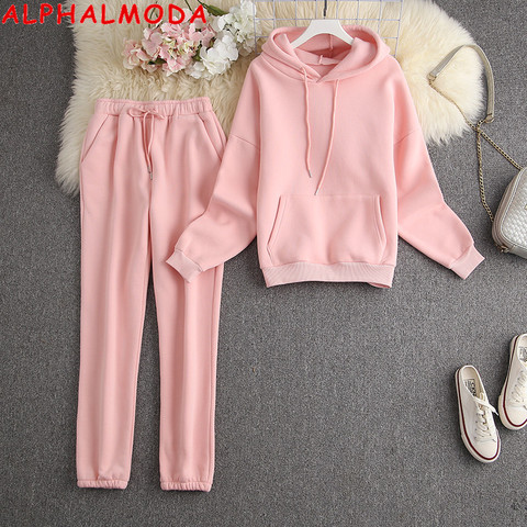 ALPHALMODA New Winter Hooded Sweatshirt Pants 2pcs Set Seasonal Trendy Thickened Warm Fleece Tracksuits Trousers Set Candy Colo ► Photo 1/6