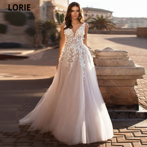 LORIE 2022 Graceful V Neck Beach Wedding Dresses Backless 3D Floral Appliqued Lace Bridal Gowns Tulle vestido de novia Plus size ► Photo 1/6