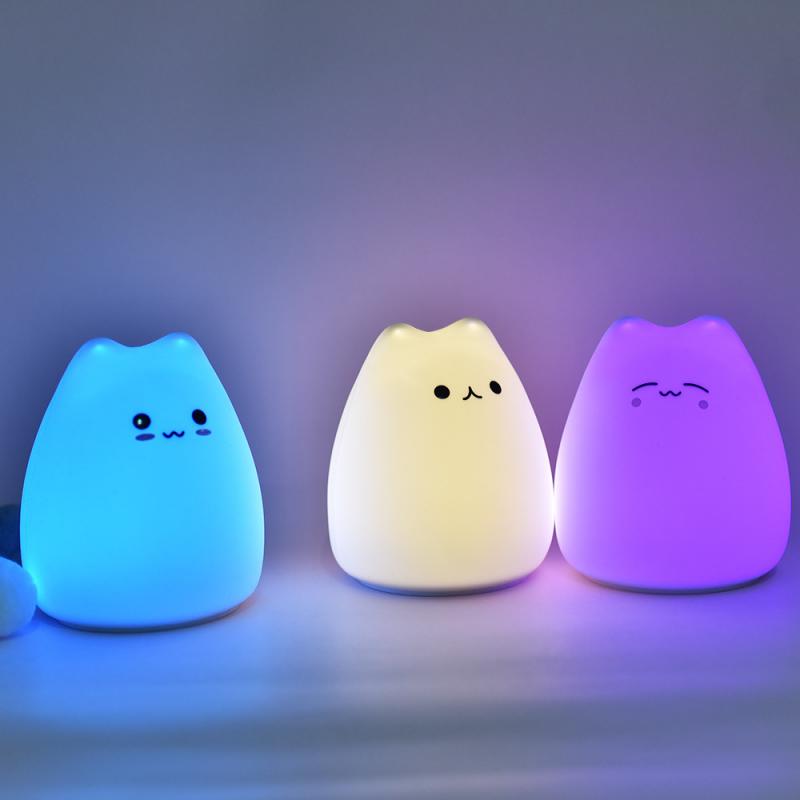 LED Cute Cat Night Light 7 Colorful Silicone Soft Kid Baby Bedside Cartoon Lamp 