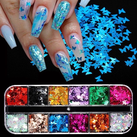 3D Holographic Nail Foil Flakes,Glitter Acrylic Nails Flakes With Laser  Design,6 Grids Metallic Nail Glitter For Nail Art Design