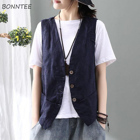 Vests Women Minimalist Elegant Retro Summer Chic Fashion All-match Womens Sleeveless Vest Leisure Single Breasted Ladies Outwear ► Photo 1/6