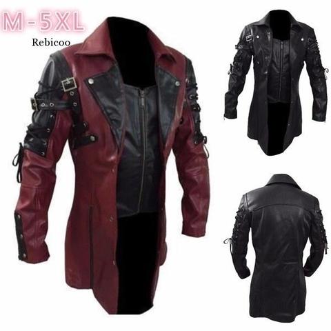 New Steampunk Men's Gothic Trench Coat Leather Jacket Punk Style Biker Jacket Autumn Winter Motocycle Jacket ► Photo 1/6