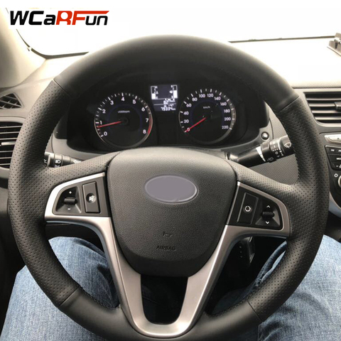 WCaRFun Black Artificial Leather Car Steering Wheel Cover for Hyundai Solaris 2010-2016 Verna 2010-2016 i20 2009-2015 Accent ► Photo 1/6