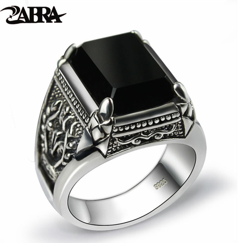 ZABRA Real 925 Silver Black Zircon Ring For Men Female Engraved Flower Men Fashion Sterling Thai Silver Jewelry Synthetic Onyx ► Photo 1/6