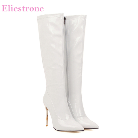  Winter Brand New Sexy White Black Women Knee High Glossy Boots Super High Heels Lady Shoes LY05 Plus Big Size 10 43 46 48 ► Photo 1/6