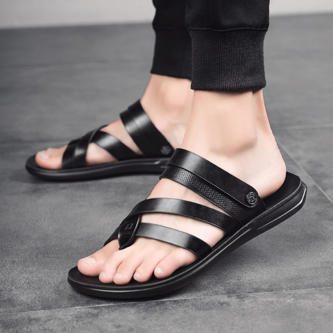 Outdoor Beach shoes men Flip Flops fashion breathable Summer Light genuine leather Casual Shoes Slides Black Sandal men ► Photo 1/6