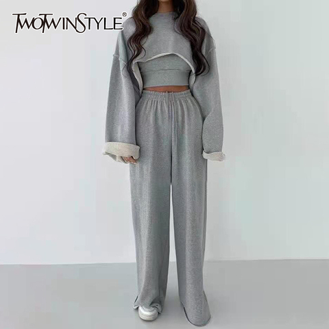 TWOTWINSTYLE White Three Piece Set For Women O Neck Long Sleeve Tops Sleeveless Vest Wide Leg Pants Female Casual Sets 2022 New ► Photo 1/6