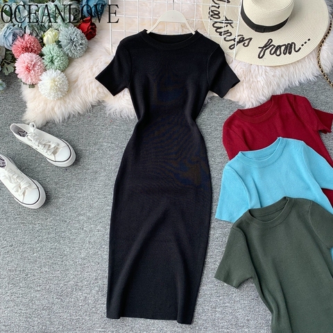 OCEANLOVE Sexy Dress Women Solid Bodycon Short Sleeve Summer Mini Dresses O-neck Knitting Stretch Retro High Waist Vestido 12350 ► Photo 1/6