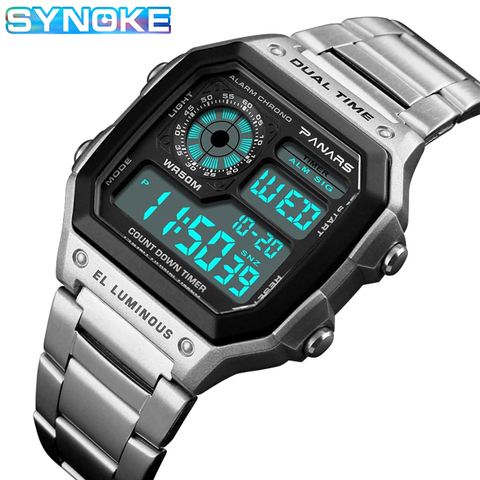 SYNOKE Men's Sports Watches Business Stainless Steel Digital Watch Men Military Wristwatch 5ATM Waterproof montre sport homme ► Photo 1/6