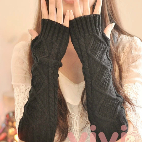 1 Pair Autumn Winter Women Knit Gloves Arm Wrist Sleeve Hand Warmer Girls Rhombus Long Half Winter Mittens Fingerless Gloves ► Photo 1/6