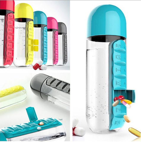 Water Bottle with Pill Box, Portable 2-in-1 Drinking Bottle with