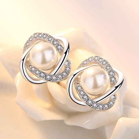 Upscale 925 Sterling Silver Earrings Zircon Pearl Twist Luxury Stud Earrings For Women brincos pendientes bijoux ► Photo 1/5