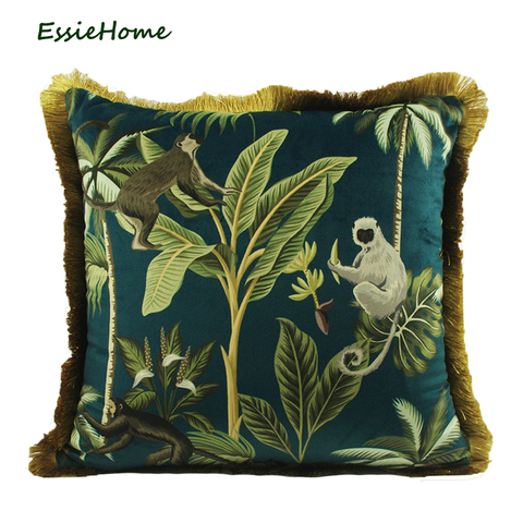 ESSIE HOME Tropical Plants Palm Leaves Animal Pattern Monkey Digital Print Velvet Cushion Cover Pillow Case With Gold Tassel ► Photo 1/5