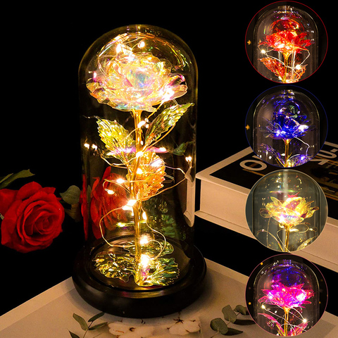 Artificial Eternal Rose LED Light Beauty The Beast In Glass Gold Foil Flower Valentine's Day Gift Enchanted Rose Fairy Lights ► Photo 1/6