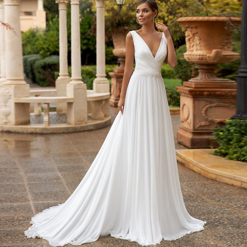 ADLN Elegant Double V-neck Beach Wedding Dress Beaded Boho Chiffon Bride Dress Sweep Train Wedding Gown Customized ► Photo 1/6