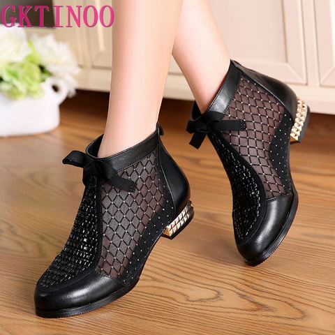 GKTINOO 2022 Spring Summer New Bow Genuine Leather Women Boots Hollow Mesh Ankle Boots Comfortable Low Heels Fashion Shoes ► Photo 1/6