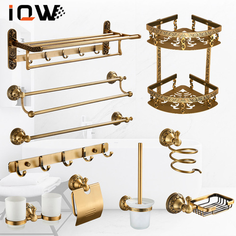 Bathroom Accessories  Antique Brass Towel Bar Cup Holders Roll Paper Holder Soap Dish  Hairdryer Rack ► Photo 1/6