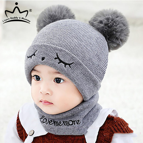Buy Online 2pcs Set Winter Baby Beanie Scarf Cute Double Pompom Caps Scarves Knitted Warm Baby Boy Girl Hat O Ring Scarf Alitools