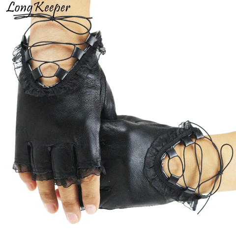 Punk Cool Women Half Finger Gloves Lady Sexy Disco Dance Costume Lace Fingerless Gloves Driving Gloves Genuine Leather Mittens ► Photo 1/6