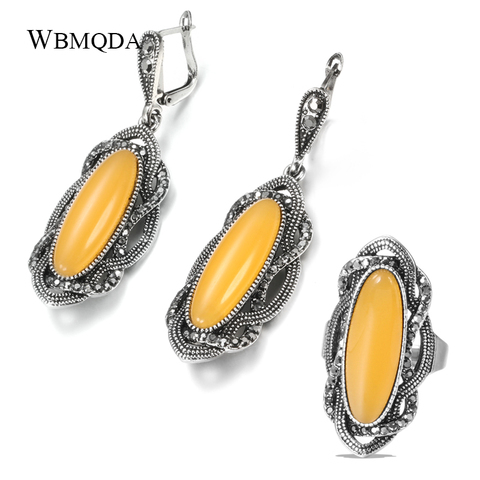 Wbmqda Hot Boho Yellow Stone Earring Ring Sets For Women Tibetan Silver AAA Gray Crystal Big Oval Earring Vintage Jewelry ► Photo 1/6