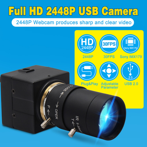 ELP 8MP 3264X2448 Sony IMX179 CCTV USB Webcam 5-50mm Varifocal CS lens Hd USB Industrial Case Inside Surveillance USB Camera ► Photo 1/6