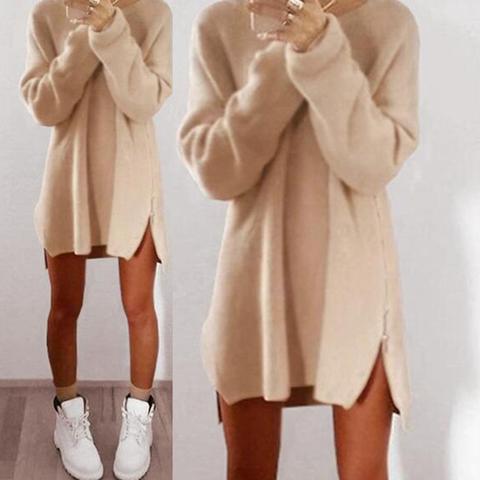 2022 Women Sexy Solid Color Long Sleeve O Neck Sideway Zip Loose Mini Sweater Dress Christmas Gift For Female Friend ► Photo 1/6