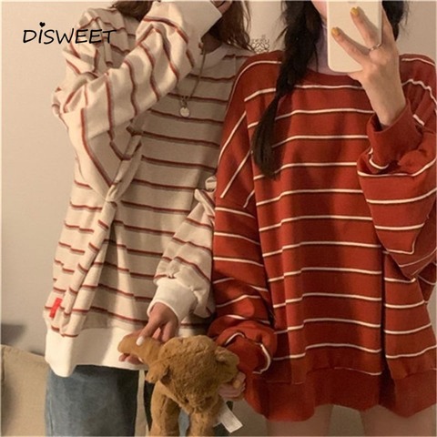 Korean Striped Print Women's T-Shirt Stylish Loose Long Sleeve Round Neck Teeswomen College Style Plus Size Spring Tops Ladies ► Photo 1/6