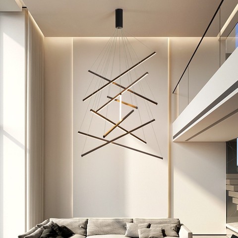 Black Stair Chandelier simple modern duplex building high-rise empty living room hall creative personality long LED line lamp ► Photo 1/6