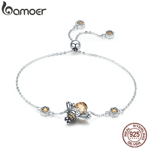 BAMOER Genuine 100% 925 Sterling Silver Dancing Honey Bee Chain Link Women Bracelet Crystal Big Stone Bracelet Jewelry SCB043 ► Photo 1/6