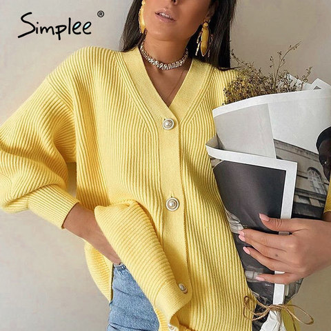 Simplee Casual long knitted cardigan women autumn winter yellow cardigan lantern sleeve loose female button knitwear sweaters ► Photo 1/6