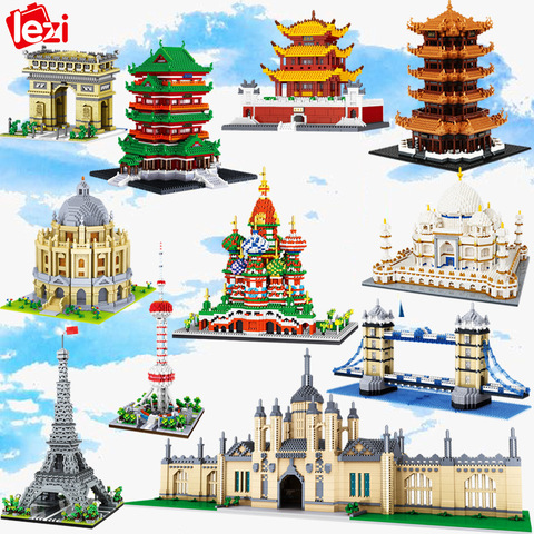 Lezi World Architecture Eiffel Tower Bridge Great Wall Oxford University Castle Mini Diamond Blocks Bricks Building Toy no Box ► Photo 1/6