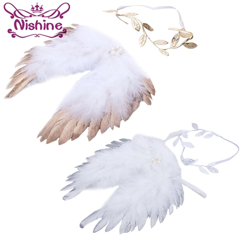 Nishine Golden Silver Angel Feather Wings With Leaves Headband Hair Head Bands Photography Props Newborn Accessories ► Photo 1/6