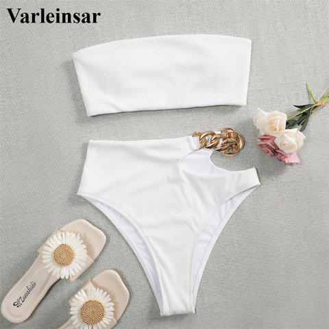 Asymmetric Bandeau Chain High Waist Bikini Female Swimsuit Women Swimwear Two-pieces Bikini set Bather Bathing Suit Swim V2640 ► Photo 1/6