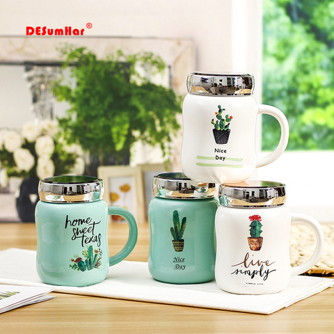 500ml Cactus pattern green mug with lid,single layer Korean creative mug Drinkware Cute cartoon mugs mirror cover ceramic cup ► Photo 1/6