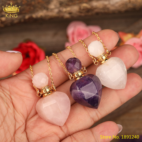 Trendy Women Heart Shape Natural Stone Perfume Bottle Pendant Gold Silvery Necklace Purple Roses Quartz Essential Oil Jewelry ► Photo 1/5