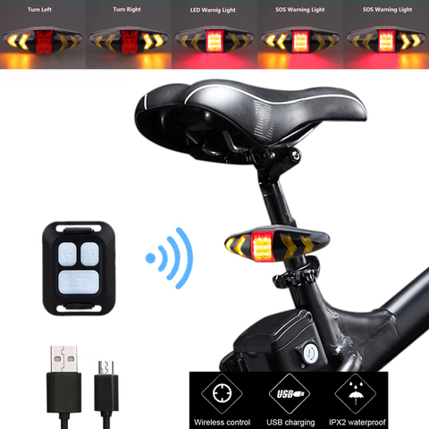 Waterproof USB Rechargeable Bike Rear Lamp Smart Remote Control Bicycle Turning Signal Light Wireless LED Warning Taillight ► Photo 1/6