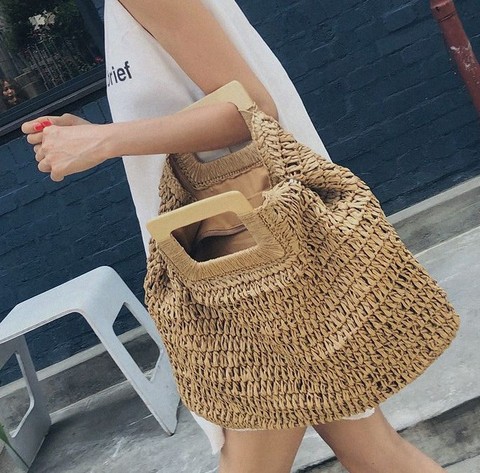 casual rattan large capacity totes for women wicker woven wooden handbags summer beach straw bag lady big purses travel sac 2022 ► Photo 1/6