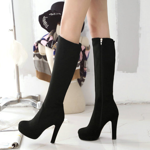 Black Gray Women Flock Square High Heel Knee High Boots Fashion Platform Zipper Boots Autumn Winter Woman Shoes Brown Wine Red ► Photo 1/6