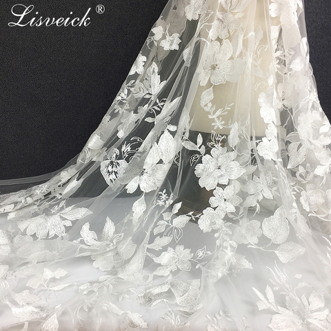 new 1Yard white embroidered lace fabric tulle exquisit High quality heavy flower wedding dress fabric veil mterial ► Photo 1/5