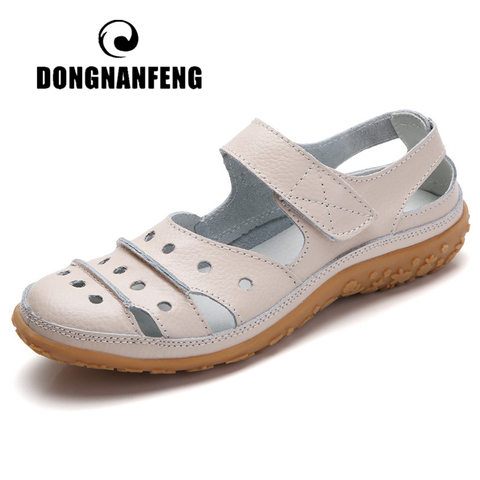 DONGNANFENG Mother Women's Female Ladies Genuine Leather White Shoes Sandals Hook Loop Summer Cool Beach Hollow Soft LLX-9566 ► Photo 1/6