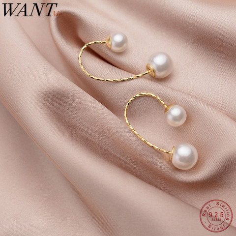 WANTME Real 925 Sterling Silver Minimalist Pearl Line Studs Earrings for Women Party Wedding Fine Hoop Jewelry Accessories Gift ► Photo 1/6