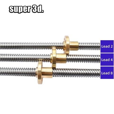T8 Lead Screw lead 4mm/2mm/8mm  Dia 8mm pitch 2mm Length 200 300 400 500 600 mm trapezoidal spindle screw with Brass copper nuts ► Photo 1/6