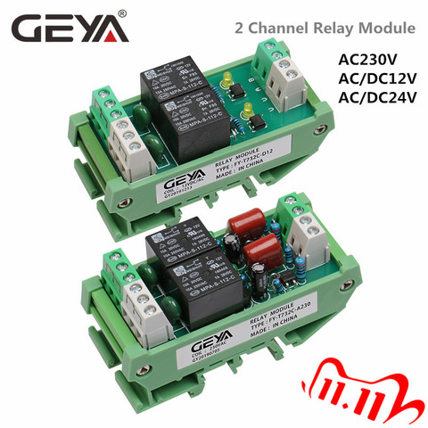 GEYA Din Rail Mounted 2 Channel Relay Module DC 24V 12V 230VAC Intermediate Power Relay Control Module ► Photo 1/6