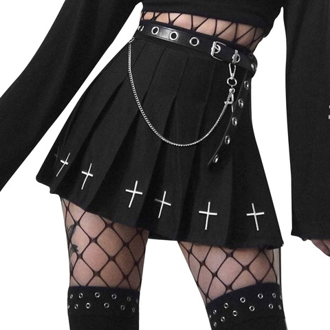 Summer pleated women streetwear wild black skirts gothic A-line embroidery mini skirts ► Photo 1/6