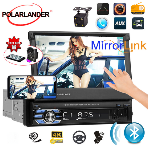 Retractable 1 DIN 7 inch Autoradio Car Stereo Radio MP5  Bluetooth/USB/TF/Aux-in HD Touch Screen Cassette  Rear View Camera ► Photo 1/6