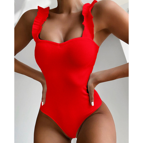 EVISPORTS 2022 New Sexy Female Swimsuit Vintage One Piece Ruffled Push Up Solid Red Swimwear Women Monokini Padded Bathing Suits ► Photo 1/6