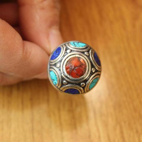 RG336 Ethnic Tibetan Lapis Coral Stone 21mm Round Adjustable Ring Handmade Nepal Jewelry Women Ring ► Photo 1/6