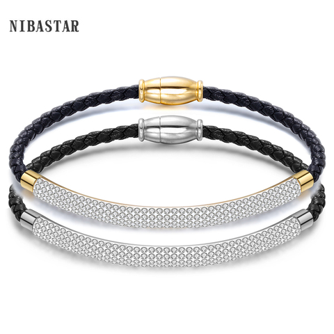 Stainless Steel Magnetic  Clasp Bracelet Fashion  Jewelry Crystal Rhinestone Charm Leather Wrap Bracelets For Women ► Photo 1/6